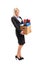 Fired businesswoman in a suit carrying a box