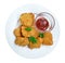 Fired chicken nuggets with sauce in ceramic plate top view isolated on white background, path