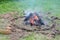 A fired fireplace by the lake. Burned pieces of wood and ash in a place for smoking fires