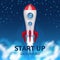 Fired up space rocket, retro booster. Shuttle launch creative startup vector background