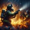 A firefighter battling a blaze in a building with walls made o