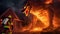 Firefighter bravely confronts sinister fire dragon amidst house fire symbolizing heroic struggle