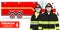 Firefighter concept. Detailed illustration of fireman and firewoman in uniform standing together near fire truck in flat
