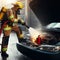 Firefighter Extinguish Burning melting ev electric Car with chemical foam, on a parking lot daytime