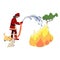 Firefighter extinguishes forest fire with a hose in Cartoon style, fireman saving wild animals rabbit and fox on white isolated
