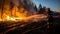 Firefighter extinguishing a fire in the forest at night