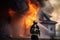 firefighter, extinguishing flames of burning house, with smoke rising in the background