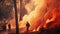 Firefighter fighting a fire in a pine forest. Firefighters fighting a fire, forest fire with trees on fire firefighters trying to