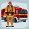 Firefighter or fireman with fire truck
