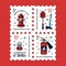 Firefighter and fireman tools postage stamp. Side view. Various professional tools and equipment for fire fighting