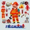 Firefighter with and first help equipment. character design. Fir