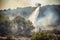 Firefighter helicopter extinguishes forest fire. Generative AI illustration