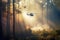 Firefighter helicopter extinguishes forest fire. Generative AI illustration