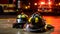 Firefighter helmet on the background of a fire station at night. Generative AI.