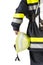 Firefighter holding helmet isolated on white