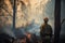 firefighter, keeping watch over a fire-ravaged forest, with smoke billowing in the background
