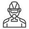 Firefighter line icon. Fireman with respirator outline style pictogram on white background. Man in fireman uniform and