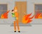 Firefighter in Orange Uniform and Protective Helmet Carrying Kid Away from Burning House Vector Illustration