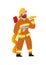 Firefighter. Professional rescuer, handson work profession. Beard man in uniform with fire engine and axe. Vector illustration.