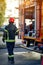 Firefighter in protective clothing, helmets and mask. Fireman  in fire fighting operation