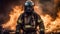 Firefighter in protective gear battles raging inferno generated by AI