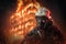 firefighter in protective gear and oxygen mask stands surrounded by flames