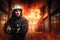 Firefighter in protective uniform stands amidst billowing flames and smoke