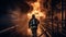 The firefighter in protective workwear battles the inferno at night generated by AI