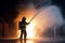 Firefighter Rescue training in fire fighting extinguisher AI generated