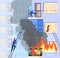 Firefighter rescues people, house on fire, emergency, experienced firefighters on mission, cartoon style, vector