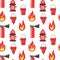 Firefighter seamless pattern. Fire hydrant and hose. Hand drawn cartoon scandinavian childish doodle collection. Decor textile