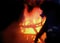 A firefighter silhouted by flames inside a house on fired