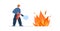 Firefighter spraying foam from fire extinguisher, vector illustration isolated.