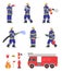 Firefighter team and equipment set - cartoon man extinguishing fire