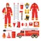 Firefighter uniform and equipment set, flat vector illustration. Fireman, red fire engine, water hose, extinguisher etc.