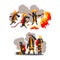 Firefighter in Uniform and Protective Helmet Extinguishing Hazardous Fire with Hose Vector Set