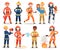 Firefighter vector cartoon fireman character firefighting fire with firehose hydrant and fire extinguisher equipment