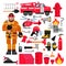 Firefighter vector firefighting equipment firehose hydrant and fire extinguisher illustration firefighting set of