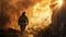 A firefighter walks through a devastated area, backlit by a fierce fire, capturing a moment of bravery amidst chaos and