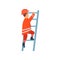 Firefighter Wearing Orange Protective Uniform and Helmet Climbing Ladder, Back View, Cheerful Professional Male Freman Cartoon