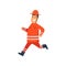 Firefighter Wearing Orange Protective Uniform and Helmet Running, Cheerful Professional Male Freman Cartoon Character Doing His