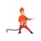 Firefighter Wearing Orange Protective Uniform Standing with Fire Hose, Cheerful Professional Male Freman Cartoon Character Doing