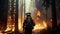 Firefighter works on fire, fireman looks at burning forest, generative AI