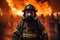 Firefighter works on fire, fireman walks inside burning building. Generative AI