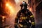 Firefighter works on fire, fireman walks inside burning building. Generative AI