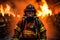 Firefighter works on fire, fireman walks inside burning building. Generative AI