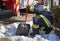 Firefighter works with a shovel in winter