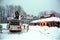 Firefighters battle a fire at a Pizza Hut during heavy snow