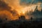 Firefighters battle a wildfire at sunset, with smoke and ash filling the air, as they work tirelessly to control the blaze amidst