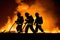 Firefighters battling intense flames, silhouetted against the fiery backdrop